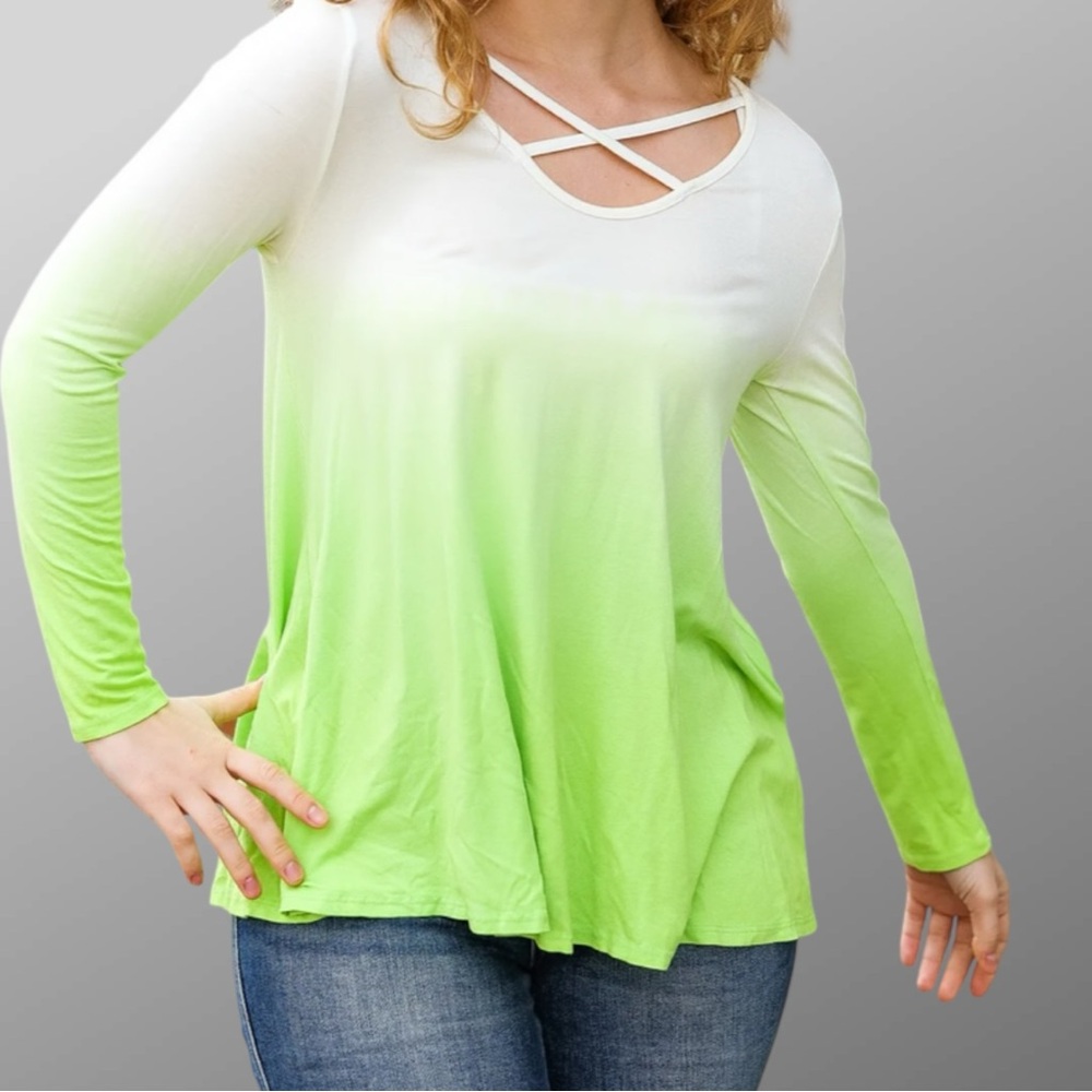Red Lolly Ombre Green White Crisscross Neck Lightweight Tunic Top NWOT S M L